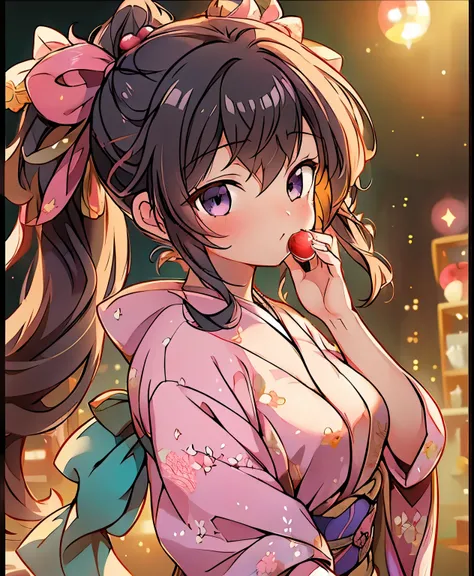 ( masterpiece、 top quality、 top quality、Official Art、  beautiful and beautiful  :1.2)、(一人のgirls:1.3)  Hatsune Miku、Twin Tails, beautiful breasts,(masterpiece:1.2),(anime),、girls、cute、  black hair、ponytail、hair ornament、Girl wearing yukata、(( I have a candy...