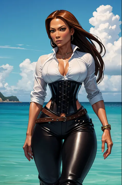 1girl, gorgeous black woman, Michelle Yeoh, Jennifer Lopez, dread pirate, leather pants, white shirt, corset, ocean background, on a palm beach