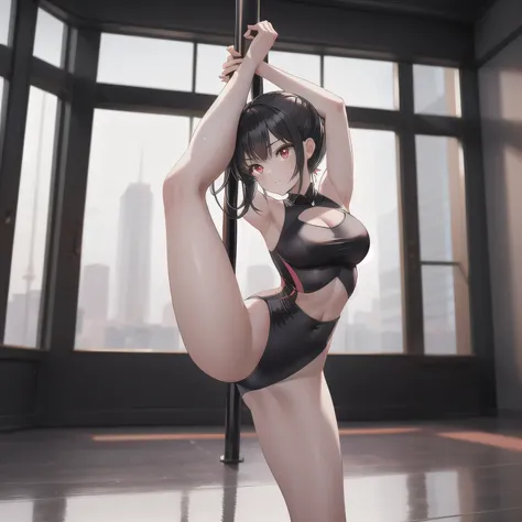 Depict a 20-year-old, exceptionally beautiful woman performing an artistic pole dance routine in a sleek, modern dance studio. She wears an elegant, form-fitting dance outfit that enhances her graceful movements. Her body is in a stunning inverted pose, on...