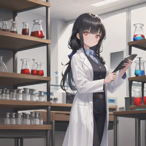 Depict a 20-year-old, stunningly beautiful woman conducting an experiment in a well-equipped science lab. She wears a pristine white lab coat over professional attire, her expression focused as she carefully handles scientific instruments. Whether her hair...