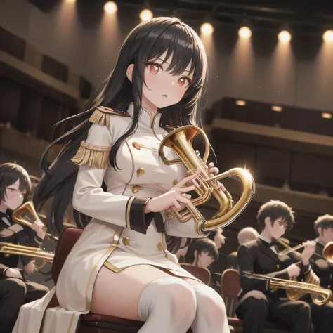 Depict a 20-year-old, dazzlingly beautiful woman playing a brass instrument in a grand concert hall. She wears an elegant yet practical band uniform, designed with intricate gold embroidery. Her posture is poised, fingers positioned with precision, her eye...
