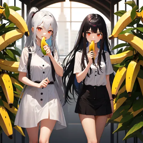 She is holding a banana with its peel partially removed, revealing the white fruit inside. She is eating the exposed white part. Long hair, black hair, red eyes.