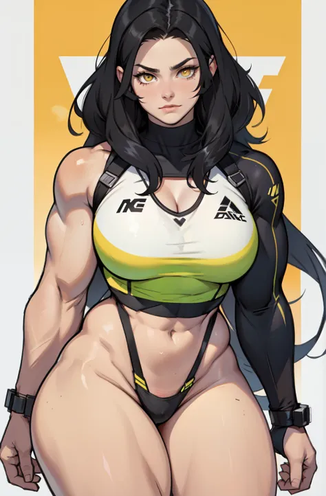 she's beautiful she's muscular she's thick she's athletic heart confident expression black hair yellow eyes pale skin