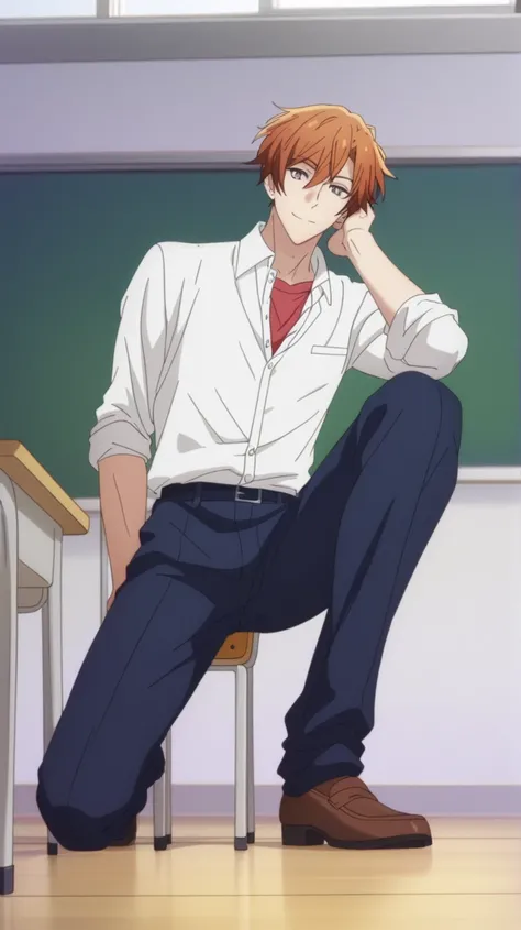 male, A man, short hair, cabello color naranja ojos café , navy blue school pants, white school dRess shiRt,  arrogant smile,  standing posture , standing pose, downward view, perspective from below, in a classroom, Sitting on the flooR of the classRoom, S...
