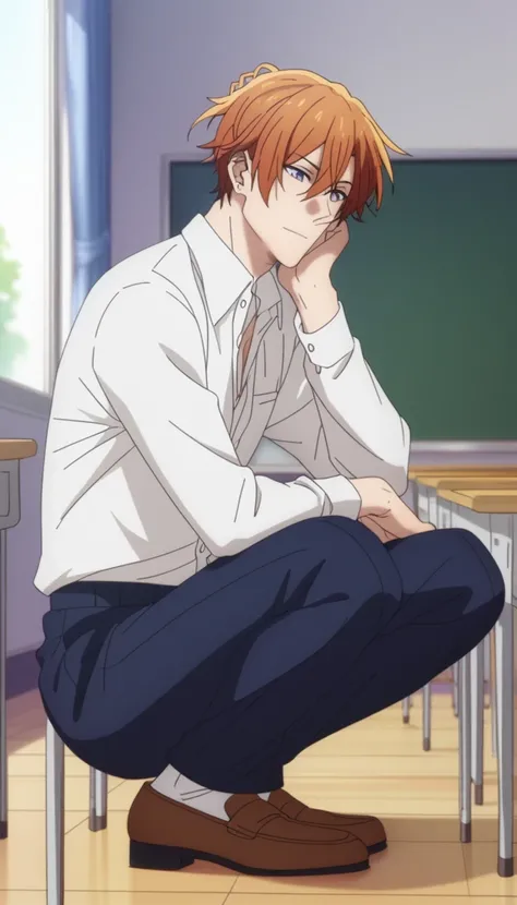 male, A man, short hair, cabello color naranja ojos café , navy blue school pants, white school dRess shiRt,  Arrogant expression squatting posture, squatting, in a classroom, Sitting on the flooR of the classRoom, Sasaki shummei anime, sentado en cuclilla...
