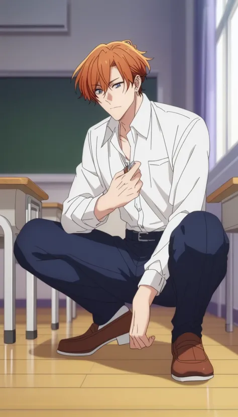 male, A man, short hair, cabello color naranja ojos café , navy blue school pants, white school dRess shiRt,  Arrogant expression squatting posture, squatting, in a classroom, Sitting on the flooR of the classRoom, Sasaki shummei anime, sentado en cuclilla...