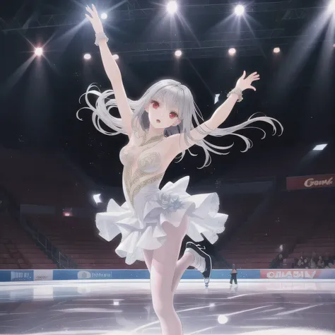 Depict a 20-year-old, stunningly beautiful woman gracefully gliding across the ice in a grand skating arena. She wears an elegant and intricately designed figure skating dress, adorned with shimmering details that reflect the arena lights. Her expression i...