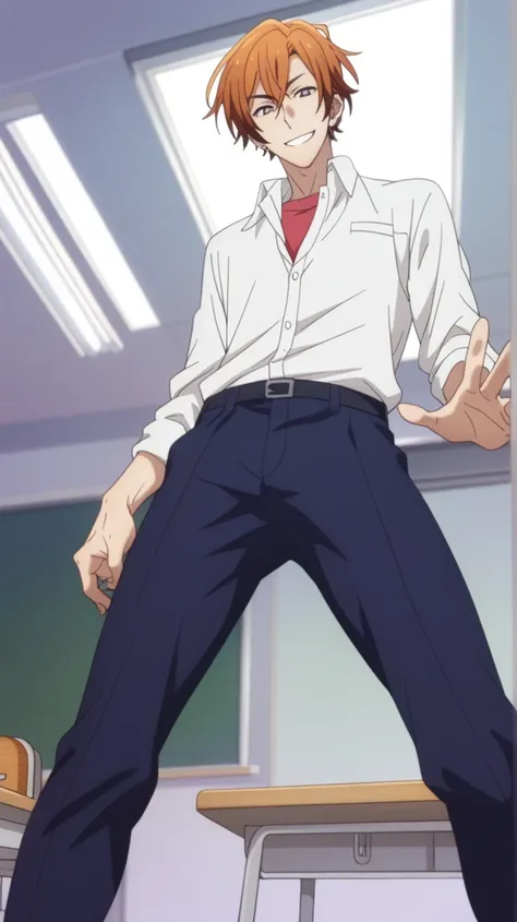 man, un  man, short hair, orange hair brown eyes ,    Arrogant smile,   standing posture  , from below,  in a classroom, stopped, Anime by Sasaki Shummei,   from the front, Open legs,  Pene Erecto, pubic hair