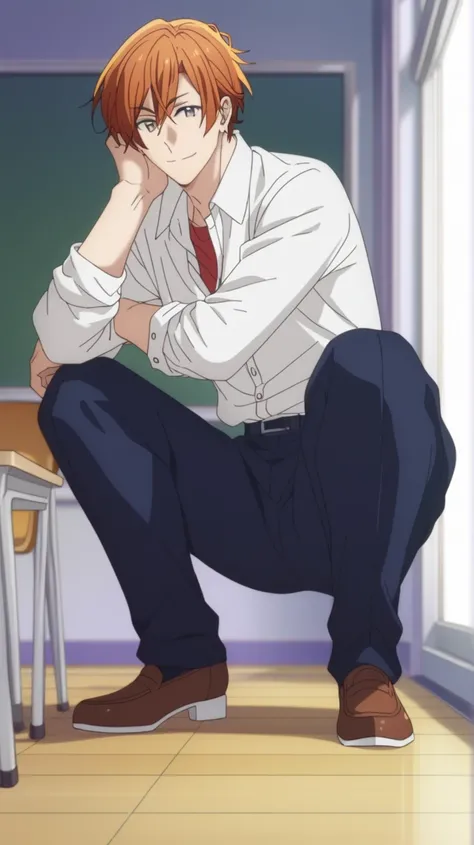 man, un  man, short hair, orange hair brown eyes , navy blue school pants, white school dRess shiRt,    Arrogant smile,  squatting posture, En cuclillas, in a classroom, Sitting on the classroom floor, Anime by Sasaki Shummei, squatting posture , squatting...