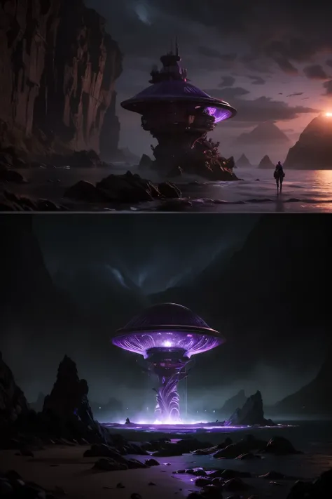 girls on an alien planet, the sea is purple,cinematic 4K, dramatic lighting, detailed fantasy landscape, vibrant purple sea, otherworldly alien environment, glowing bioluminescent flora, dramatic cinematic lighting, cinematic 4K resolution, highly detailed...