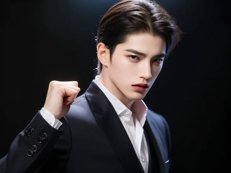 20 year old man, Very handsome , of Korean series stars, White skin, handsome, classic side part hairstyle, black background, Masterpiece, best quality, a man, Raise your left hand up., fist, Detailed image, clear, Shiny, Very handsome , half body model, ...