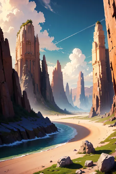 masterpiece, Large island. Beautiful sky and rocks in the distance. Adventure landscape . Maximum quality,  Detailed.
