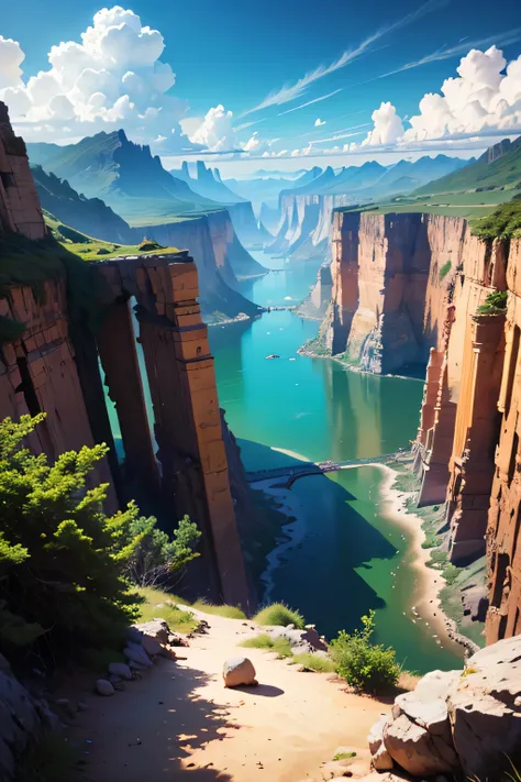 masterpiece, Large island. Beautiful sky and rocks in the distance. Adventure landscape . Maximum quality, Detailed.