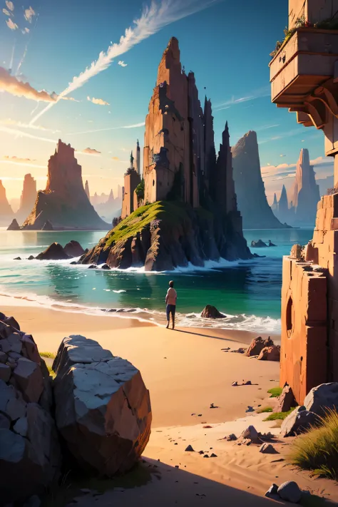 masterpiece, Large island. Beautiful sky and rocks in the distance. Adventure landscape . Maximum quality,  Detailed.