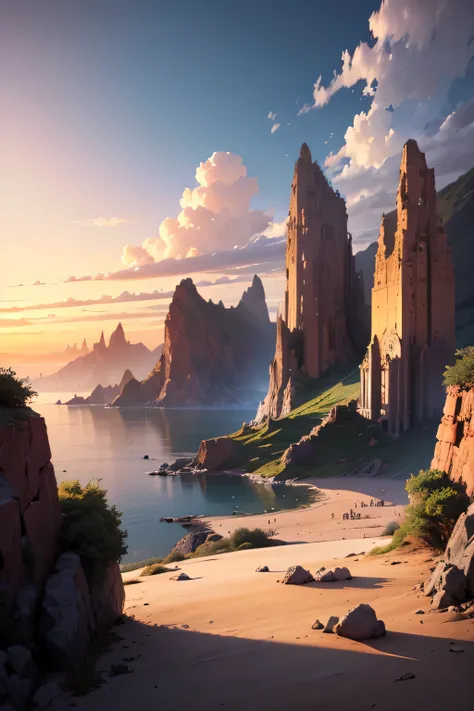 masterpiece, Large island. Beautiful sky and rocks in the distance. Adventure landscape . Maximum quality,  Detailed.