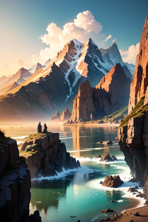 masterpiece, Large island. Beautiful sky and rocks in the distance. Adventure landscape . Maximum quality, Detailed.