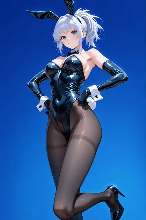 NSFW、,  hidden hair,, ponytail,  black latex bunny girl,High Reg 、plain pantyhose,pin heels、rabbit tail、bunny girl ears、 cool pose、Stand with hands on hips、偉そうなsmile、blue eyes, smile, Alone, cowboy shot、from below