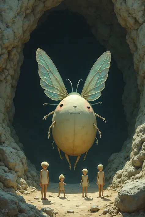 a round creature with insect wings and no eyes surrounded by 4 human ren and a man at the entrance of a cave