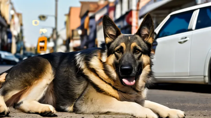 A weary German Shepherd with dusty, matted fur sits on a quiet street, his eyes filled with longing and heartbreak. A kind man kneels nearby, gently extending his hand, offering comfort and trust. The background shows a small town with cars passing by, the...