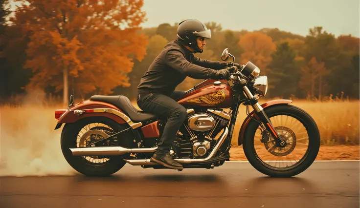 35 mm film ,  product advertisement scene , vintage motorcycle with stylized painting on the fuel tank in the shape of a hyperrealistic flying eagle,  motorcycle in a daytime environment on an autumn afternoon at high speed with metallic brown paint and de...