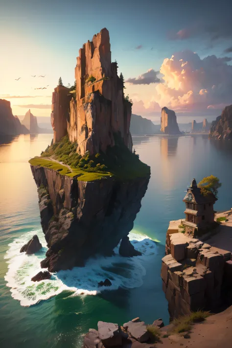 masterpiece, Large island. Beautiful sky and rocks in the distance. Adventure landscape .  Top quality ,  Detailed.