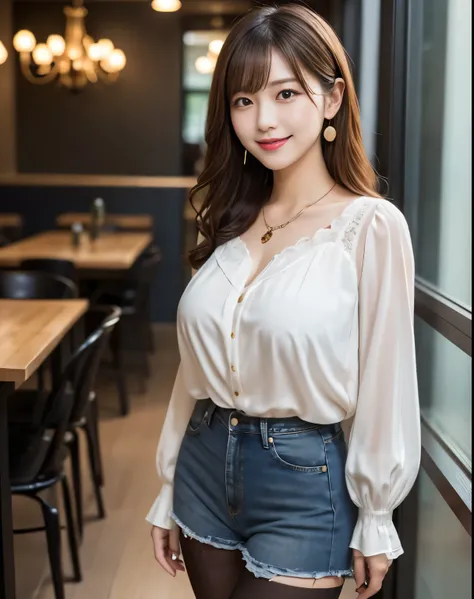 Masterpiece, top quality, high resolution, anatomically correct, ultra high definition.Inside a fashionable cafe. One beautiful woman. She is a beautiful Japanese woman. She is a beauty of the world. (((She is wearing a white frilly blouse))). (((She is we...