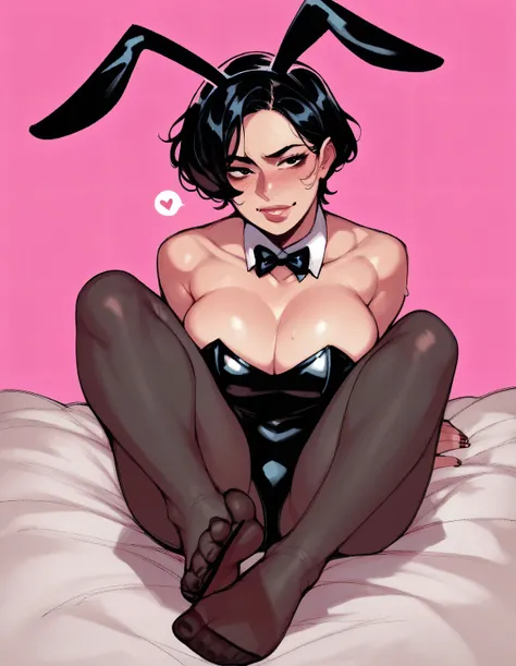 Milf; black hair; short hair; big tits; huge tits; black eyes; bunny costume; foot; bed; dark pink background; safe to work content 