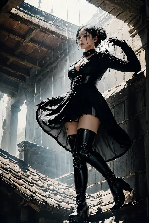 top quality,greatest masterpiece,highest resolution,Photorealistic,(Cloudy,heavy rain:1.5,thunderstorm:1.8,Pitch Darkness:1.4,One street lamp with a faint light:1.4,She's standing on the eaves:1.4,Water drops are falling from the roof,The eaves where the r...