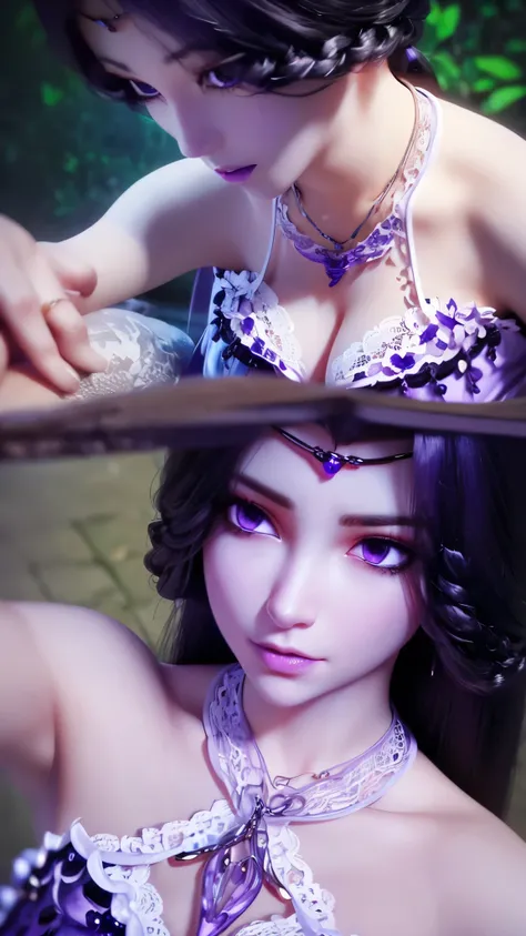 A beautiful and sexy 20 year old girl, Very sexy girl in thin strapless purple pajamas, Purple silk dressing gown，Sexy lace trim, Long purple hair and bangs, and jewels. Thinnest、The most beautiful hair, ((Wear a purple lace necklace: 1.6)), Super cute lit...