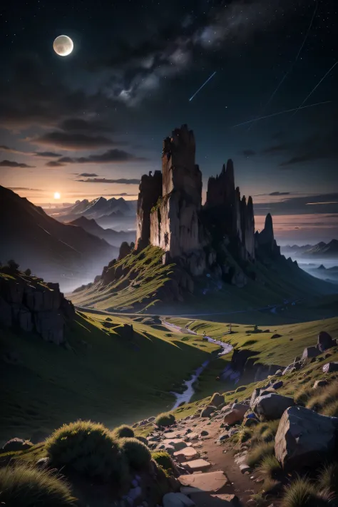 masterpiece,  the highest quality , landscape, landscape de ensueño,  rocky area with grass , Rocks in the distance. Fantastic night ,  Starry Sky,  Full Moon, Constellations, improvement of details. Ultra  Detailed,  absolute resolution , the best quality...
