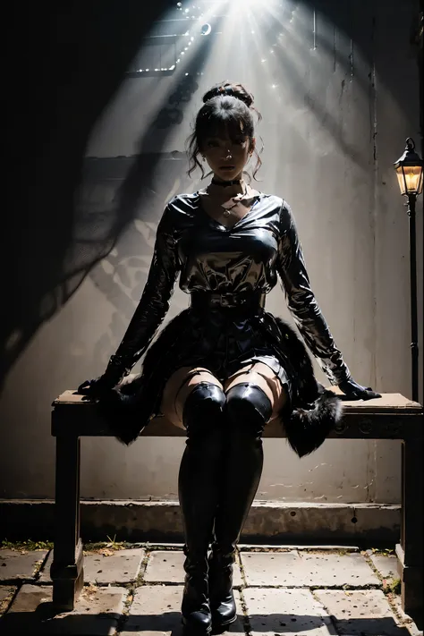 top quality,greatest masterpiece,highest resolution,Photorealistic,(Cloudy,heavy rain,Pitch Darkness:1.4,One street lamp with a faint light:1.4,She's sitting on the bench right under the eaves smoking:1.4,I have a lighted cigarette in my hand:1.6,The stree...