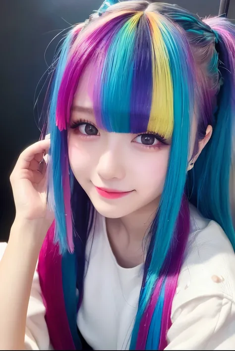 high quality, realistic、High Resolution, realistic、8k、16k、masterpiece:1.4, details.Impressive、Alone、 cutting-edge photo portrait of a woman、Expression of happiness、The way you look at someone you love、 yellow、smiles、Cyan, and purple, ((Her colorful hair ...
