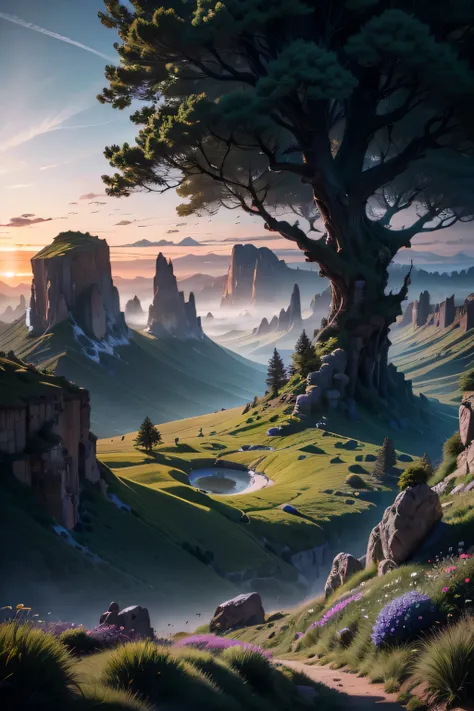 masterpiece, fantasy environment, bottomless abyss, colorful flowers and giant trees. Beautiful sky and rocks in the distance. Adventure landscape . Top quality , Detailed.