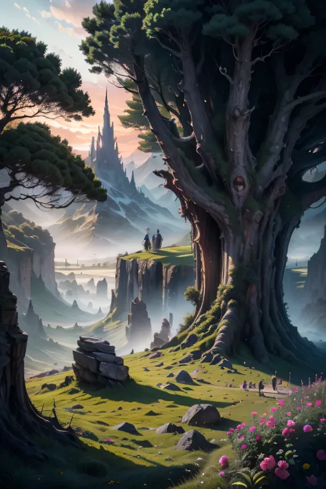  masterpiece, fantasy environment, bottomless abyss, colorful flowers and giant trees.  Beautiful sky and rocks in the distance. Adventure landscape .  Top quality ,  Detailed.