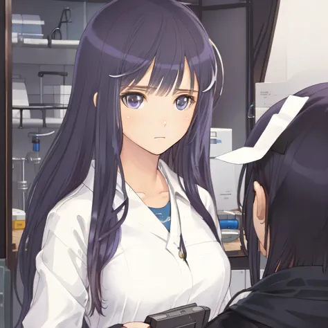 Depict a 20-year-old, stunningly beautiful woman conducting an experiment in a well-equipped science lab. She wears a pristine white lab coat over professional attire, her expression focused as she carefully handles scientific instruments. Whether her hair...