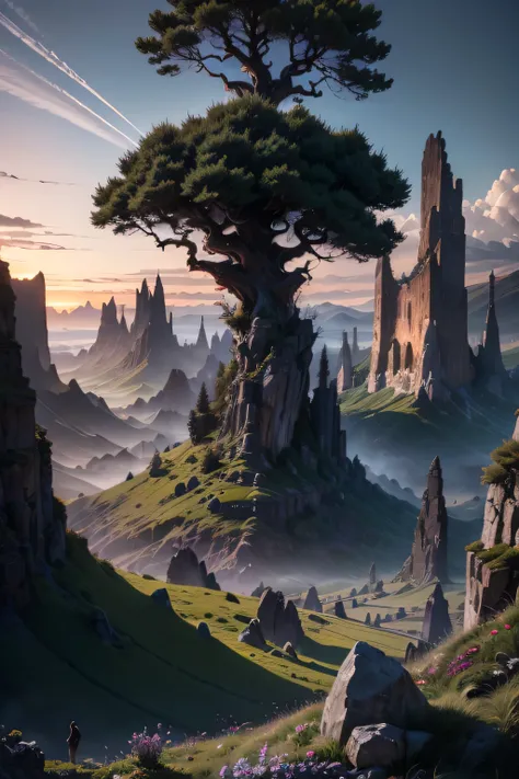  masterpiece, fantasy environment, bottomless abyss, colorful flowers and giant trees.  Beautiful sky and rocks in the distance. Adventure landscape .  Top quality ,  Detailed.
