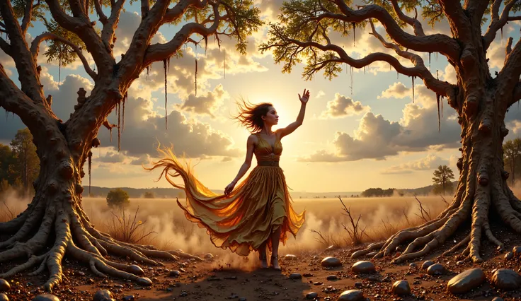 Golden Sky with birds and a sunset given red tones to gold, gold filigrees from the tree like vines, and the beautiful girl in a golden dress, her hair flies with the wind and merge with the tree.