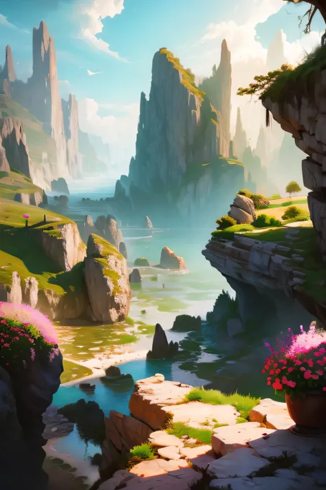  masterpiece, fantasy environment, bottomless abyss, colorful flowers and giant trees.  beautiful sky and rocks in the distance. Adventure landscape .  Top quality ,  Detailed.