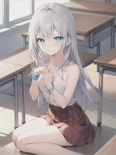 A girl， long hair,  bangs, White hair, Eyebrow Hair, (blue eyes:1.5),  ( medium chest:1.2), 
rest  锁骨, white shirt, 百褶裙, mini skirt,  Bracelet,  Red Skirt,rift，nipple，vision，Disdainful expression，苗条的身材
rest looking at viewer,  full body,
rest indoors, clas...