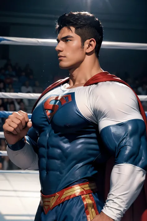 ((masterpiece, Ultra High Precision,  details, 8k)), Boy's Profile, pro wrestling ring, Hopeful Vibes,blue eyes　white skin　superhero　 blue costume　 Pichi Pichi 　 muscles　 young　Costumes close to Superman