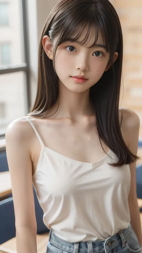 1 girl, loose chest camisole,shy,Long bangs,In the classroom