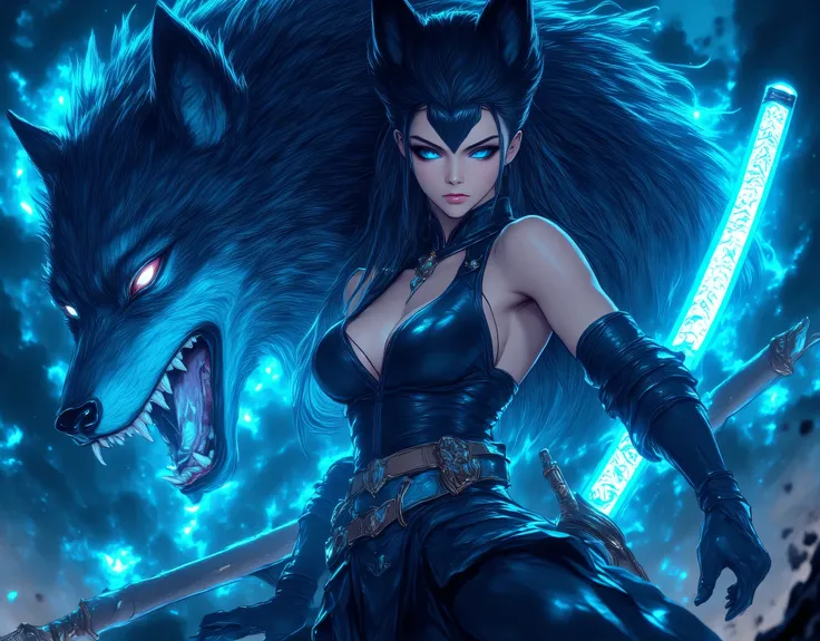 1girl, stylish streetwear, (dynamic cinematic view), dynamic fighting pose, (((Giant wolf as a background))), best quality, 4K, high resolution, masterpiece, ultra-detailed, realistic, photorealistic, photo-realistic, HDR, UHD, studio lighting, ultra-fine ...