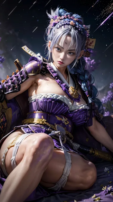 young woman,Oiran,warrior,(wielding a huge_weapon:1.3), in white for summer very detailedな, realist,(reclining:1.6),(combat posture:1.8), Brilliant Appearance ,extremely detailed, Imaginative,sensual ,top quality,  skin texture,(French braid hair:1.6),(Ind...