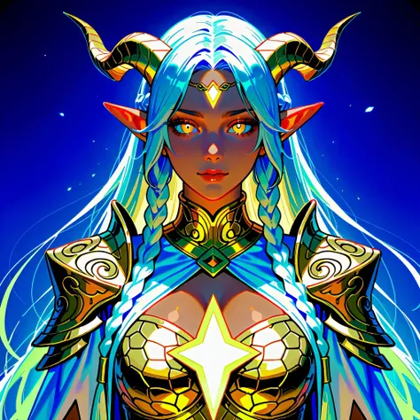 beautiful girl elf with horn, She is a tall, regal woman with lightly tanned skin and golden eyes that shine with an otherworldly streak. Her hair is black, always arranged in intricate braids that resemble the natural patterns of a dragon's scales. Her ro...