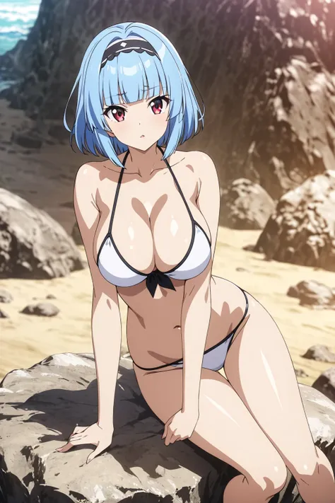 score 9 , score 8 up, score 7 up, score 6 up, source anime, masterpiece, top quality, High Resolution, 1woman, anime girl in bikini standing on a rock,  She's on a Rock in a Bikini , standing on her rock, short blue-haired girl ,  hairband , Red Eyed Girl,...