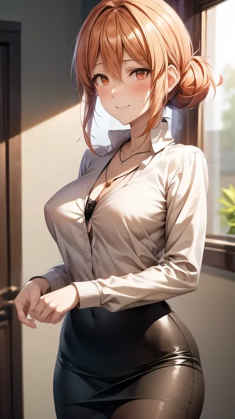 （Ultra High Quality,Ultra High Resolution,16k,Super Masterpiece,Ultra HD ,detailed shading and background,）One sexy married woman,Orange hair put together,sexy long sleeve white shirt,Chest Valley,necklaces,pencil skirt,smile,blush, Living room where the s...