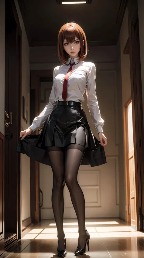  tall adult women ,excellent style,Makise Kurisu,Christina,miniskirt,high heels,pantyhose, black tights,bob cut,sweaty, My bra is watching, Bare Bare , standing,front,full body,low angle,