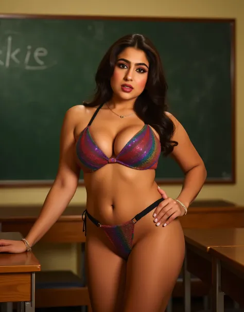 Full view of a indian semi curvy milf sexy women,age 30,wearing tight rainbow sparkle bikini,as a teacher, in a examination centre,board exam,with students, detailed facial features, wearing perfect makeup,red glossy lipstick ,smokey eye makeup, seductive ...