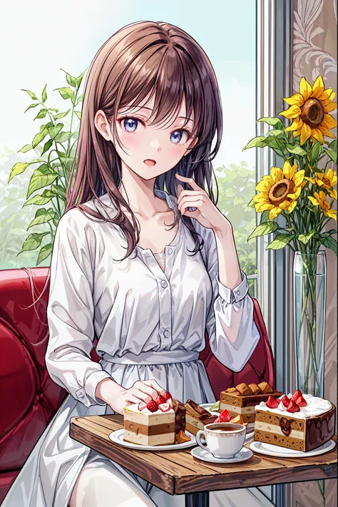 beautiful illustrations in the best quality, cute girl sitting in a cafe, perfect and happy expression,  cake with a sunflower mark, long black hair, open mouth, closed eyes, casual clothes, collarbone visible, 4K high-resolution, detailed realistic painti...