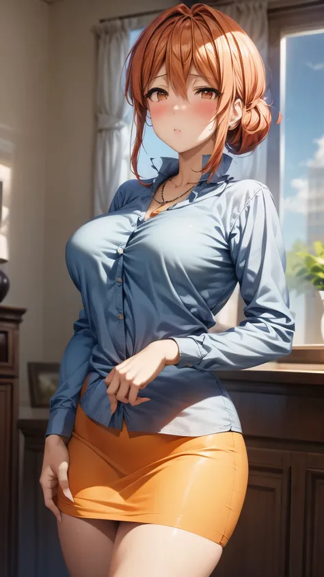 （Ultra High Quality,Ultra High Resolution,16k,Super Masterpiece,Ultra HD ,detailed shading and background,）One sexy married woman,Orange hair put together,sexy long sleeve white shirt,Chest Valley,necklaces,pencil skirt, sweaty,blush, Living room where the...